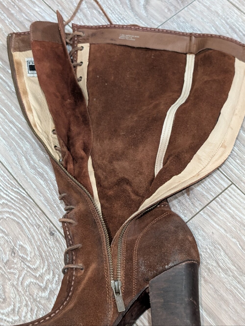 FRYE Parker Moccasin Lace Up Tall Knee High Zip Brown Suede Leather Boots - Picture 14 of 16